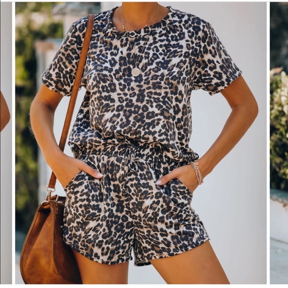 Gilli Leopard Print Two Piece Lounge Set 2X Matching Shorts Tee Casual Summer